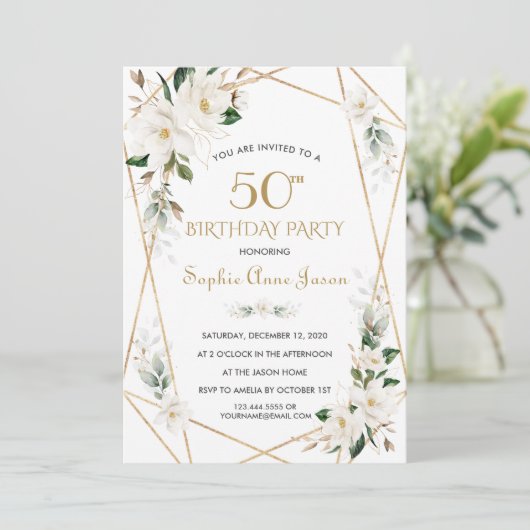 Invitation Fleurs Magnolia Blanches Or 50e anniversaire (Debout devant)