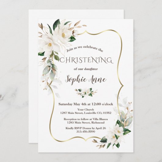 Invitation Fleurs Magnolia Verdure aérée Verdure dorée (Devant / Derrière)