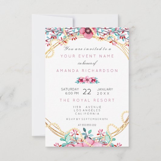 Invitation Fleurs Mariage Anniversaire Or Rose Perle Doux Bla (Devant)