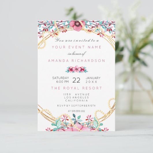 Invitation Fleurs Mariage Anniversaire Or Rose Perle Doux Bla (Debout devant)