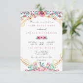 Invitation Fleurs Mariage Anniversaire Or Rose Perles Rose Do (Debout devant)