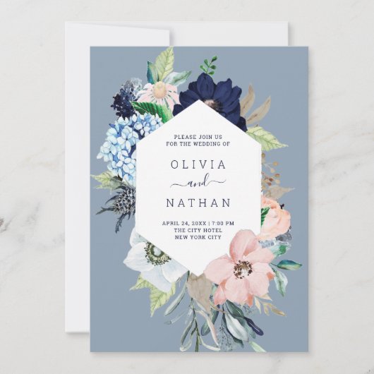 Invitation Fleurs marines Mariage bleu et rose pâle de la mar (Devant)