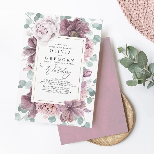 Invitation Fleurs mauves et verdure Élégant Mariage élégant
