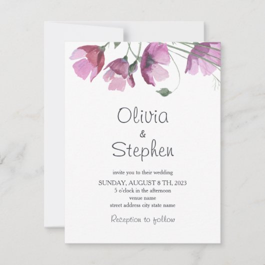 Invitation Fleurs mauves violettes. Mariage rustique moderne (Devant)
