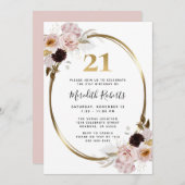 Invitation Fleurs métallisées roses or pour fête d'anniversai (Devant / Derrière)