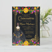 Invitation Fleurs mexicaines avec Quinceañera Noir Or (Debout devant)