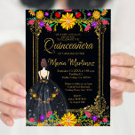 Invitation Fleurs mexicaines avec Quinceañera Noir Or<br><div class="desc">Fleurs mexicaines avec Gold Black Quinceañera Invitation Mis Quince Anos,  15e anniversaire, </div>