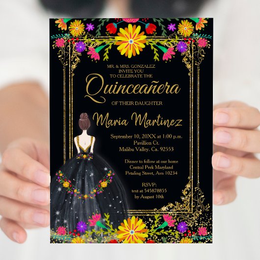 Invitation Fleurs mexicaines avec Quinceañera Noir Or