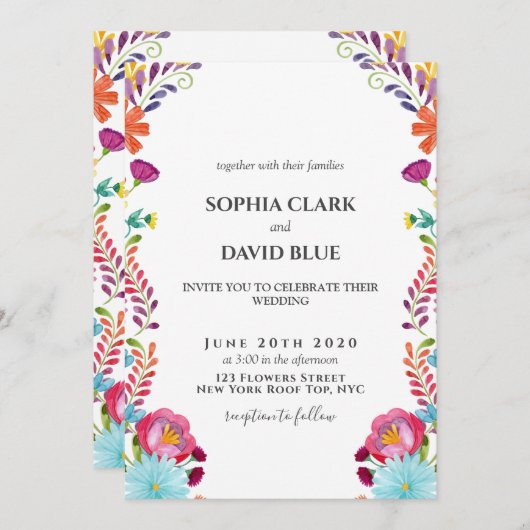 Invitation Fleurs mexicaines Fiesta Mariage (Devant / Derrière)