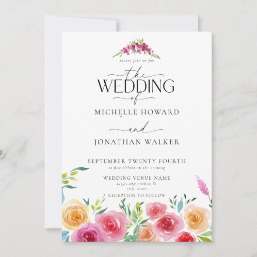 Invitation Fleurs mexicaines Fiesta Script élégant Mariage QR (Devant)