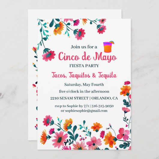 Invitation Fleurs mexicaines Fuchsia Cinco de Mayo Fiesta (Devant / Derrière)