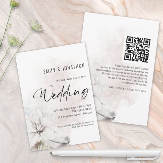 Invitation Fleurs Modernes à l'Aquarelle Blanche Code QR Mari