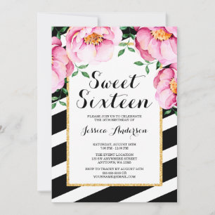 Invitation Fleurs Modernes Aquarelle Rayures Sweet 16