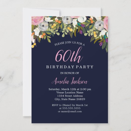 Invitation Fleurs Modernes Navy Rose 60e Anniversaire (Devant)