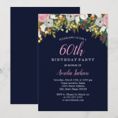 Invitation Fleurs Modernes Navy Rose 60e Anniversaire (Devant / Derrière)