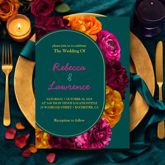 Invitation Fleurs modernes rose vert jaune