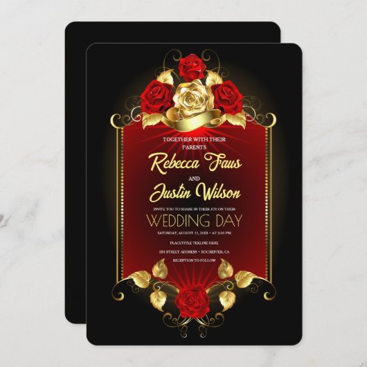 Invitation Fleurs modernes rouge or Boho (Devant / Derrière)