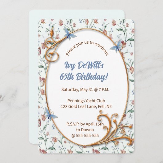 Invitation Fleurs modifiables et papillons bleus (Devant / Derrière)