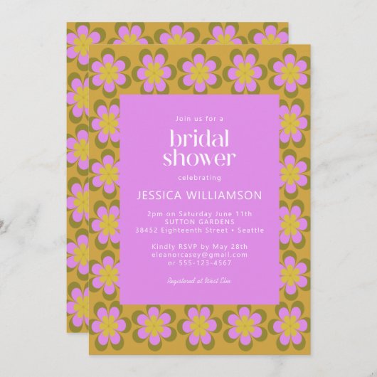 Invitation Fleurs Mood rétro Fête des mariées violet et jaune (Devant / Derrière)