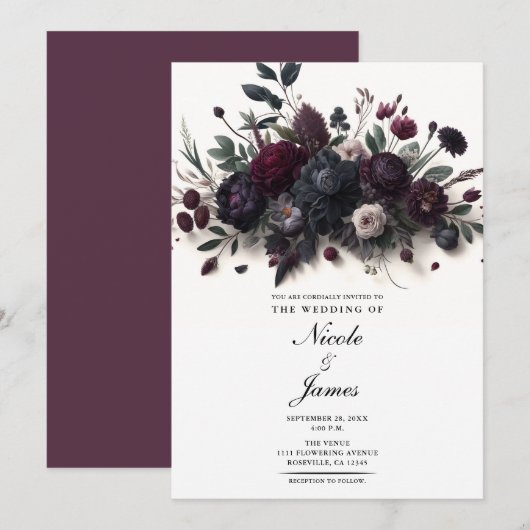 Invitation Fleurs Moody Élégant Mariage Floral (Devant / Derrière)