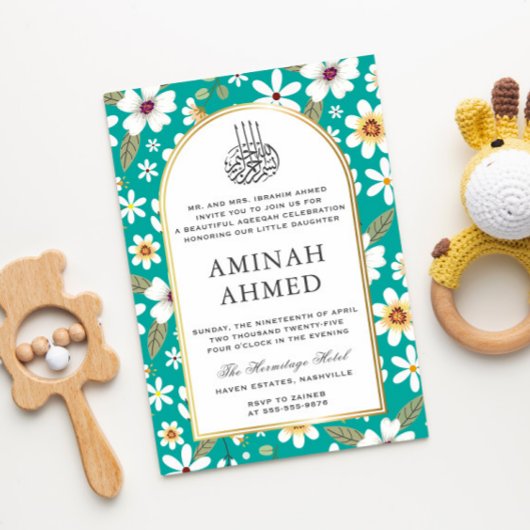 Invitation Fleurs Motif Vert islamique Aqiqa Aqeeqa Baby