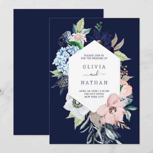 Invitation Fleurs nautiques Mariage bleu marine et rose pâle (Devant / Derrière)