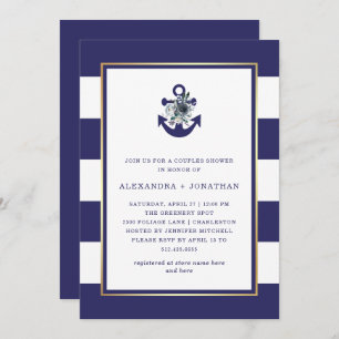 Invitation Fleurs nautiques   Marine Blue Stripe Couples Douc