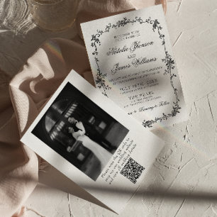 Invitation Fleurs Noir Blanc Code QR Botanique Photo Mariage