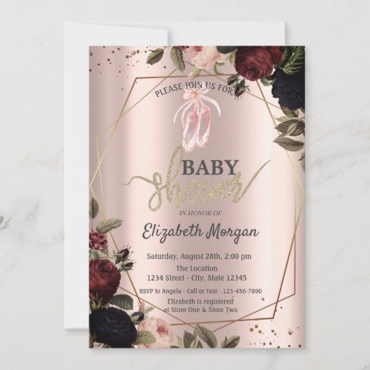 Invitation Fleurs noires Ballet Chaussures Rose Baby shower o (Devant)
