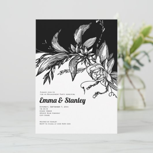 Invitation Fleurs noires, blanches, fête de fiançailles (Debout devant)
