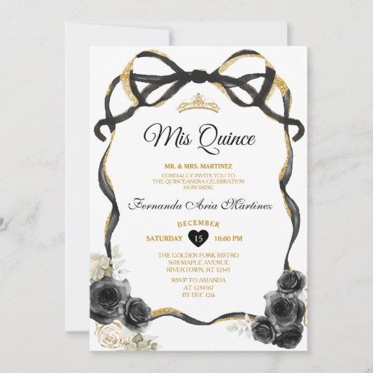 Invitation Fleurs noires Bow Ruban Or Couronne Mis Quince (Devant)