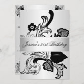 Invitation Fleurs noires d'argent élégantes (Devant / Derrière)