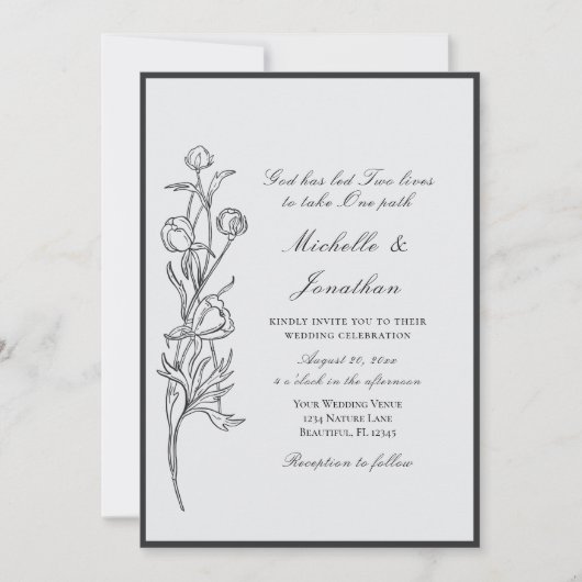 Invitation Fleurs noires dessinées à la main moderne Mariage  (Devant)