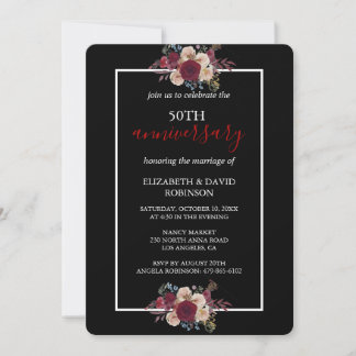 Invitation Fleurs noires élégantes 50e anniversaire du mariag
