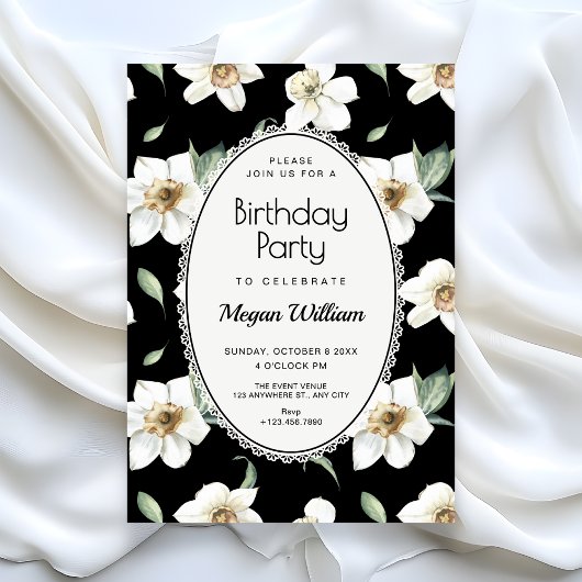 Invitation Fleurs noires et blanches anniversaire