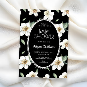 Invitation Fleurs noires et blanches baby shower
