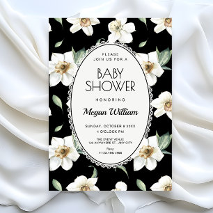 Invitation Fleurs noires et blanches baby shower