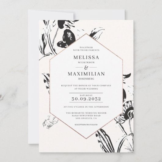 Invitation Fleurs noires et blanches mariage à cadre d'or bot (Devant)