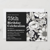 Invitation Fleurs noires et blanches pour les 75 ans d'une fe (Devant)