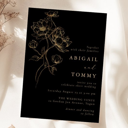 Invitation Fleurs noires et dorées Mariage classique moderne