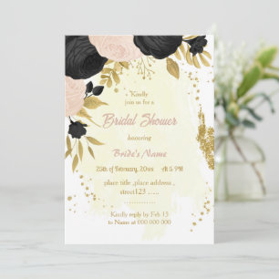 Invitation fleurs noires et roses or mariage