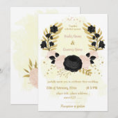 Invitation fleurs noires et roses or mariage (Devant / Derrière)
