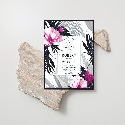 Invitation Fleurs noires roses tropicales Mariage feuille de