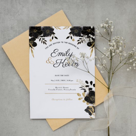 Invitation Fleurs noires RSVP modernes et élégantes personnal