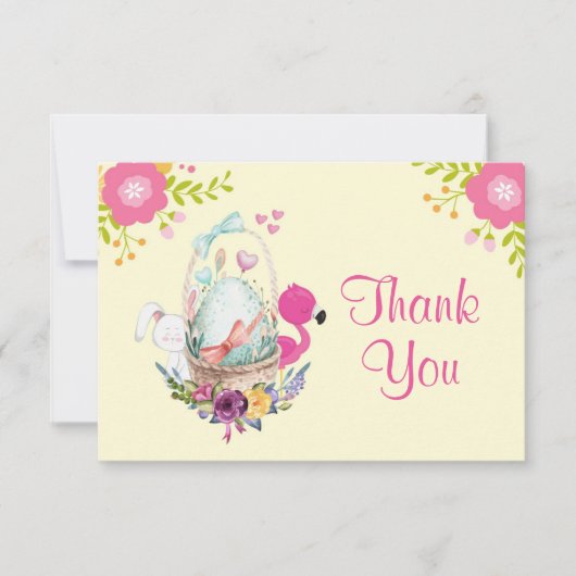 Invitation Fleurs, Oeuf, Flamant rose et lapin aquarelle Merc (Devant)