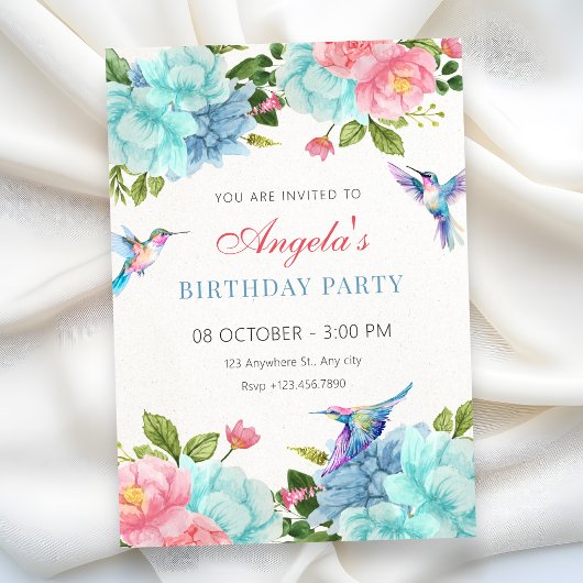 Invitation Fleurs oiseau anniversaire