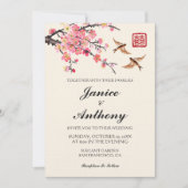 Invitation Fleurs oiseaux moderne bilingue mariage chinois (Devant)
