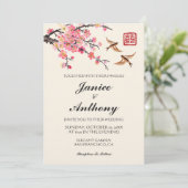 Invitation Fleurs oiseaux moderne bilingue mariage chinois (Debout devant)