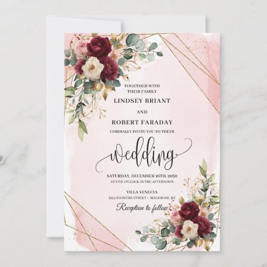 Invitation Fleurs or Boho Deep Red Blush élégant Boho (Devant)
