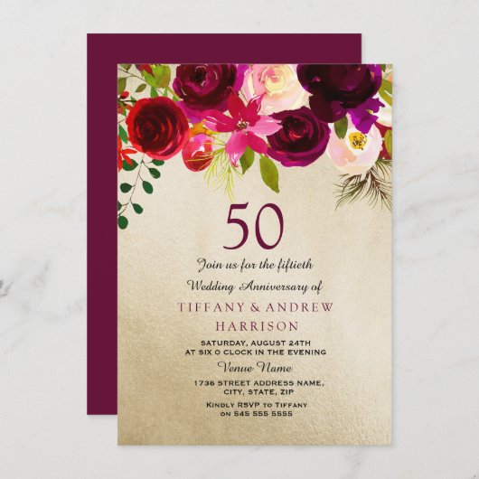 Invitation Fleurs Or et Bourgogne 50e anniversaire de mariage (Devant / Derrière)
